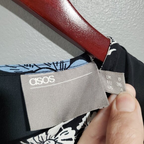 Asos Women's Black Blue Floral Short-Sleeved Peplum Top Blouse Ruffles Sz 4 - Picture 6 of 12